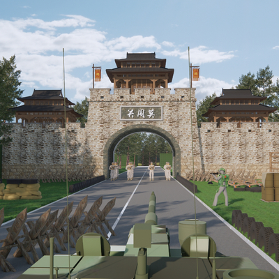  中式古城楼 关隘口 战争场景 钟楼古建su模型 