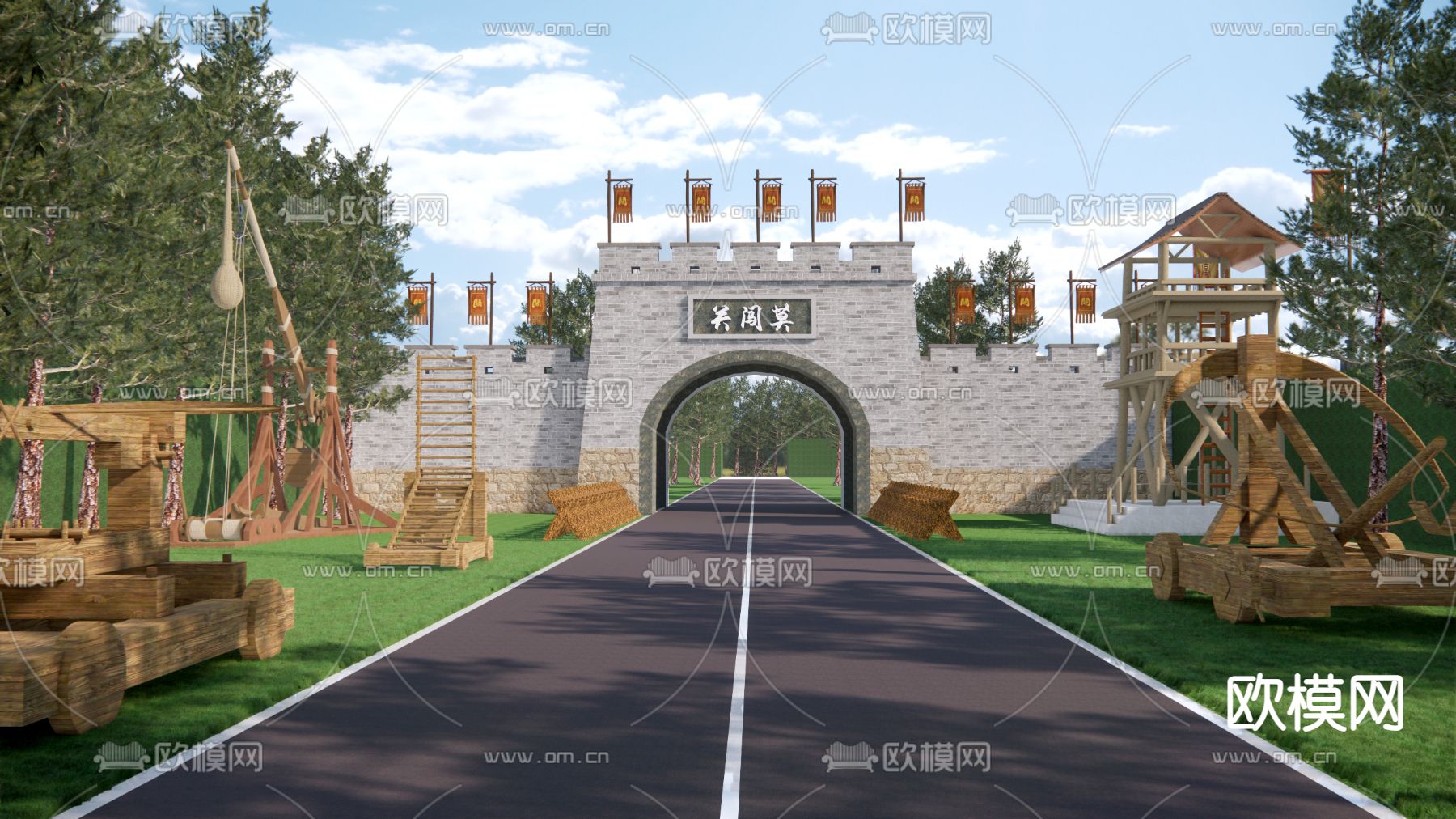 中式古城楼 古代关隘口 古建su模型下载（渲染图1）