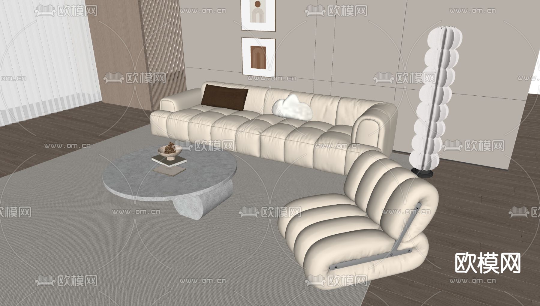奶油风沙发 组合沙发su模型下载（渲染图2）