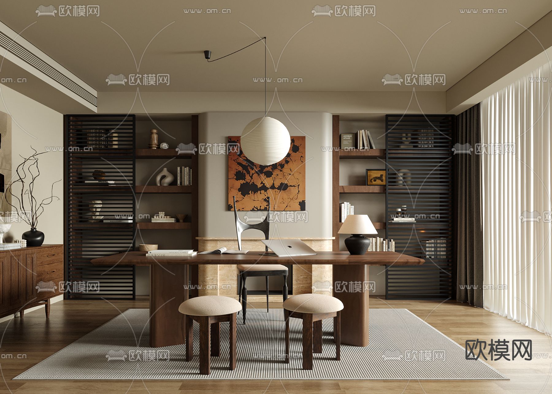 中古风书房su模型下载（渲染图1）