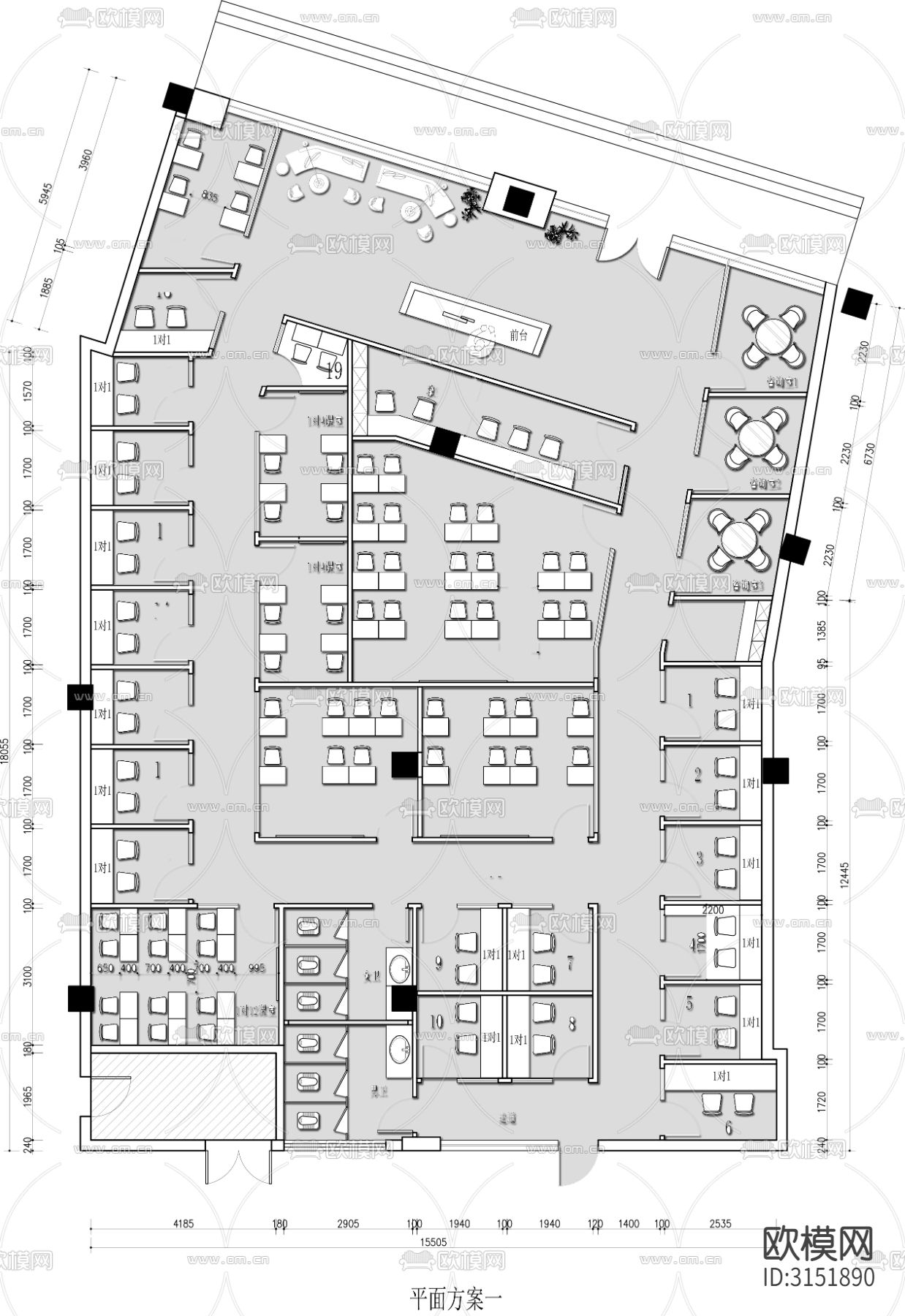 教育培训机构 课程辅导cad平面图下载（渲染图1）