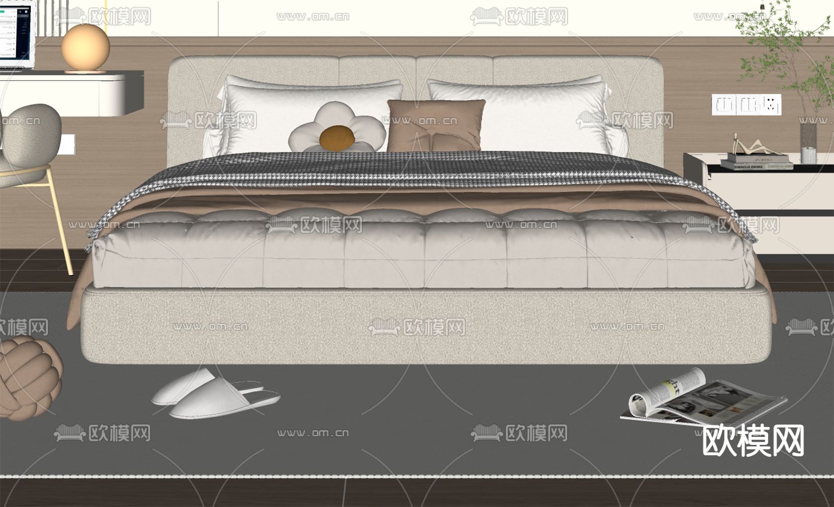 奶油风双人床su模型下载（渲染图2）