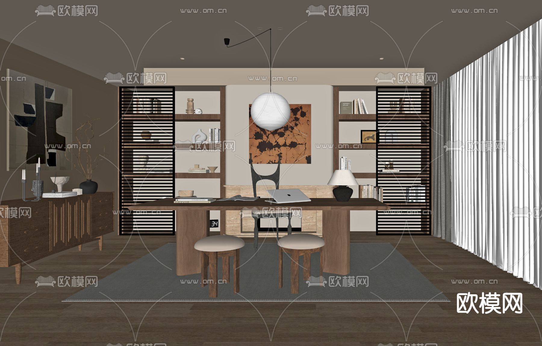 中古风书房su模型下载（渲染图2）