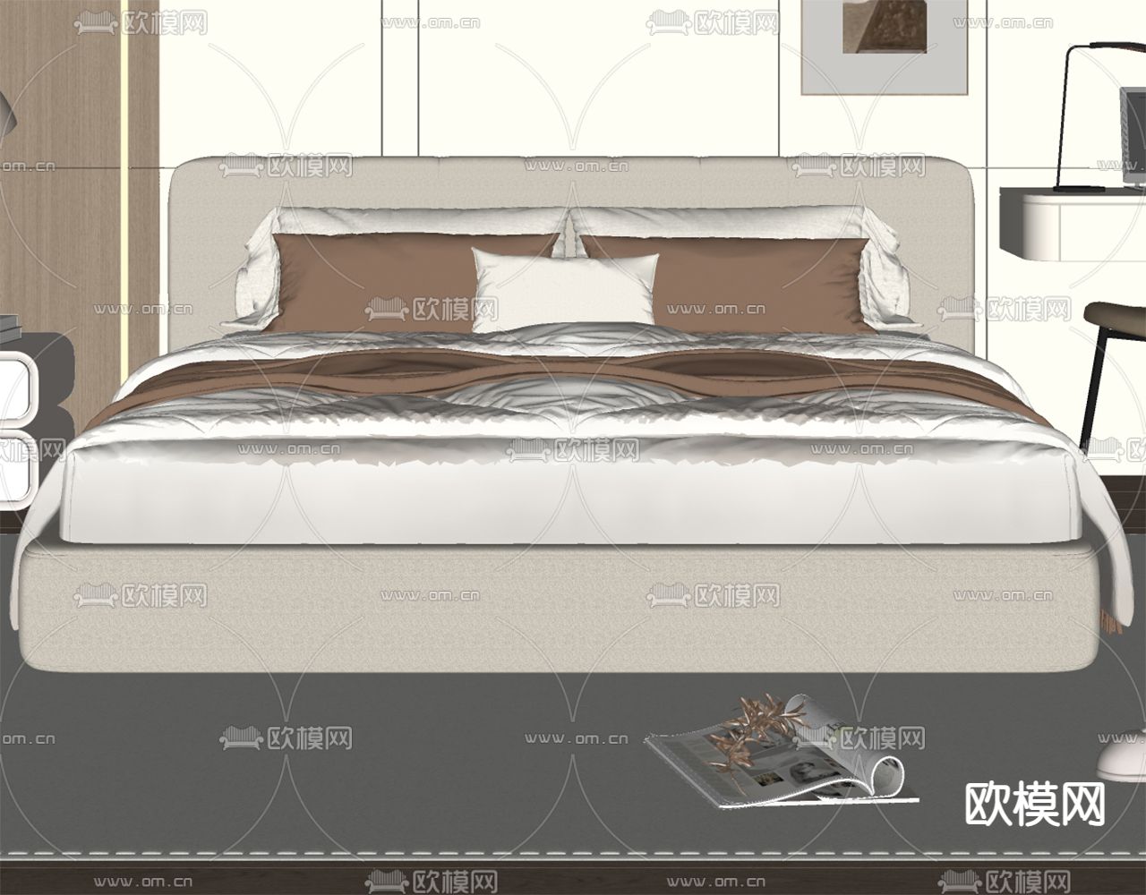 奶油风双人床su模型下载（渲染图2）