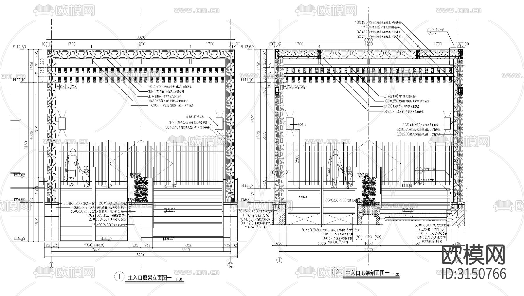 主入口廊架 栏杆cad大样图下载（渲染图4）