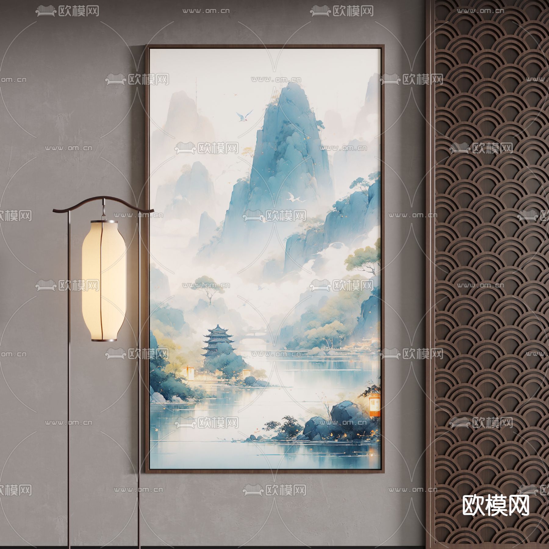新中式挂画 装饰画 山水画3d模型下载