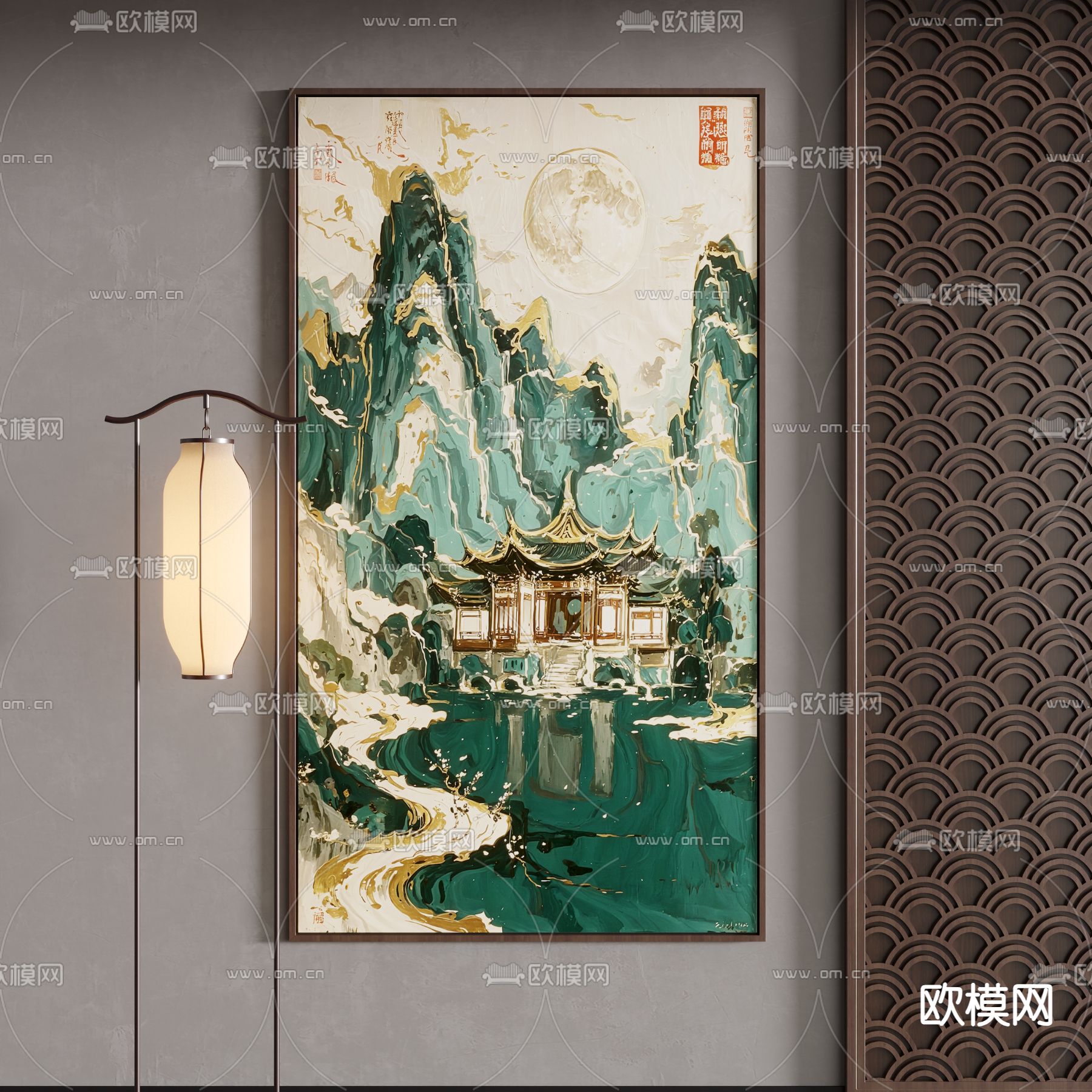 新中式挂画 装饰画 山水画3d模型下载