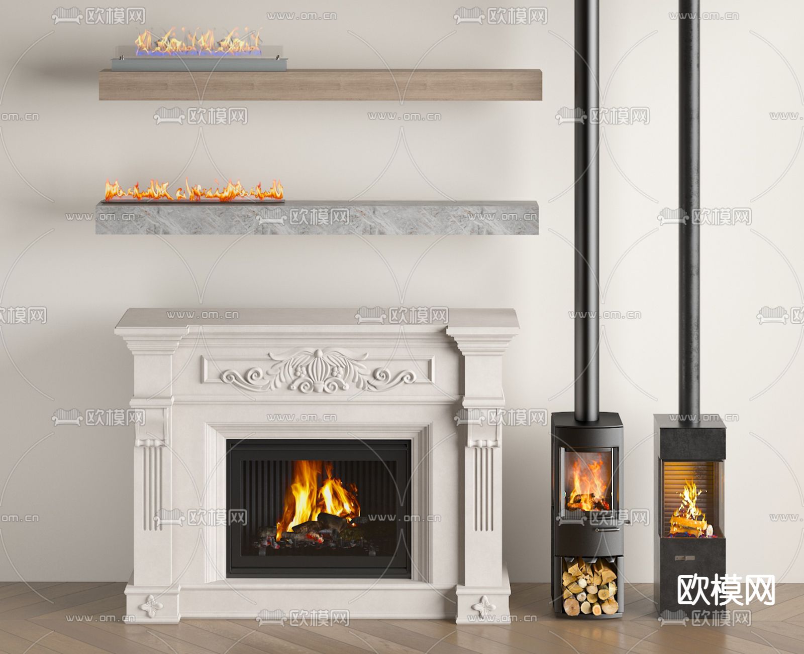 法式壁炉 火焰 柴火堆3d模型下载