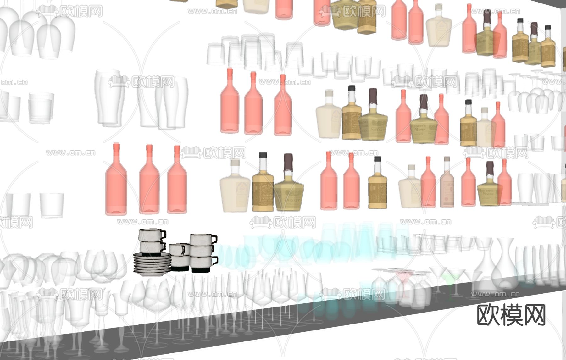 酒瓶 酒杯 酒具 玻璃瓶su模型下载（渲染图1）