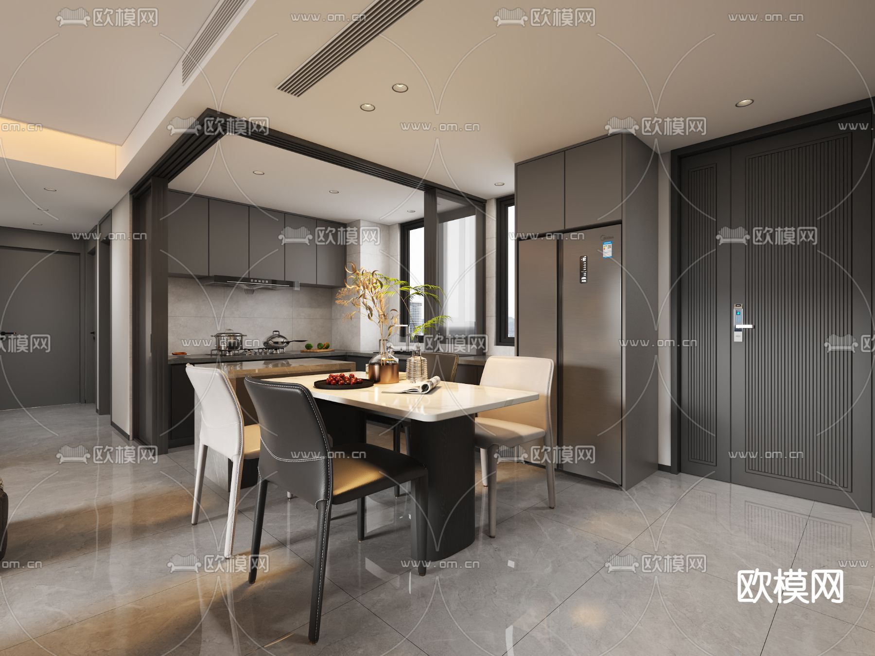 高级灰客餐厅3d模型下载（渲染图3）