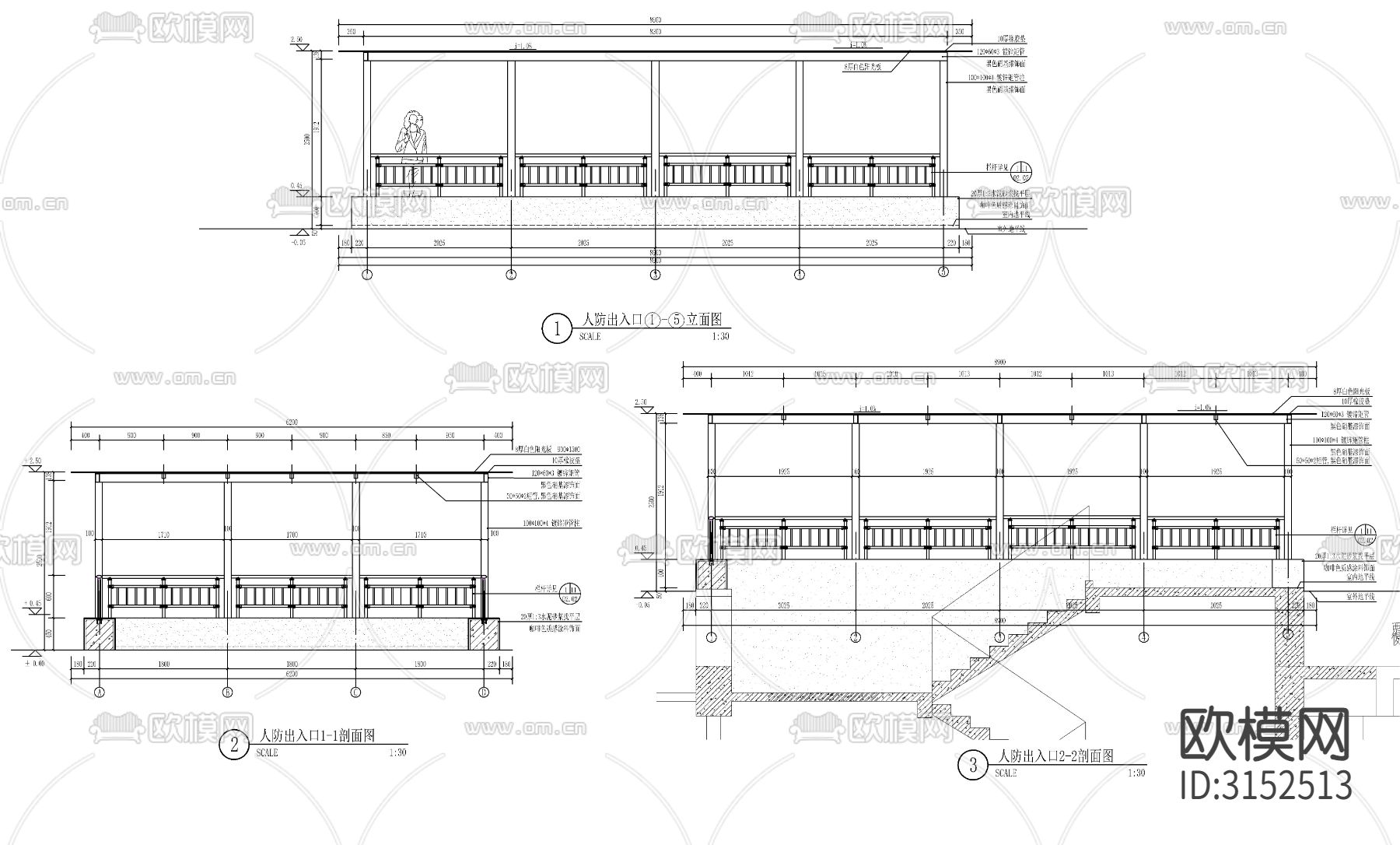 人防出入口廊架cad大样图下载（渲染图2）