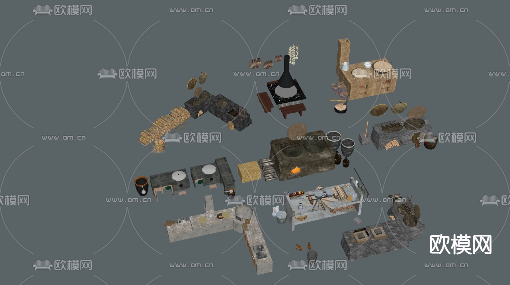 农村土灶台 鼓风机 水缸su模型下载（渲染图1）