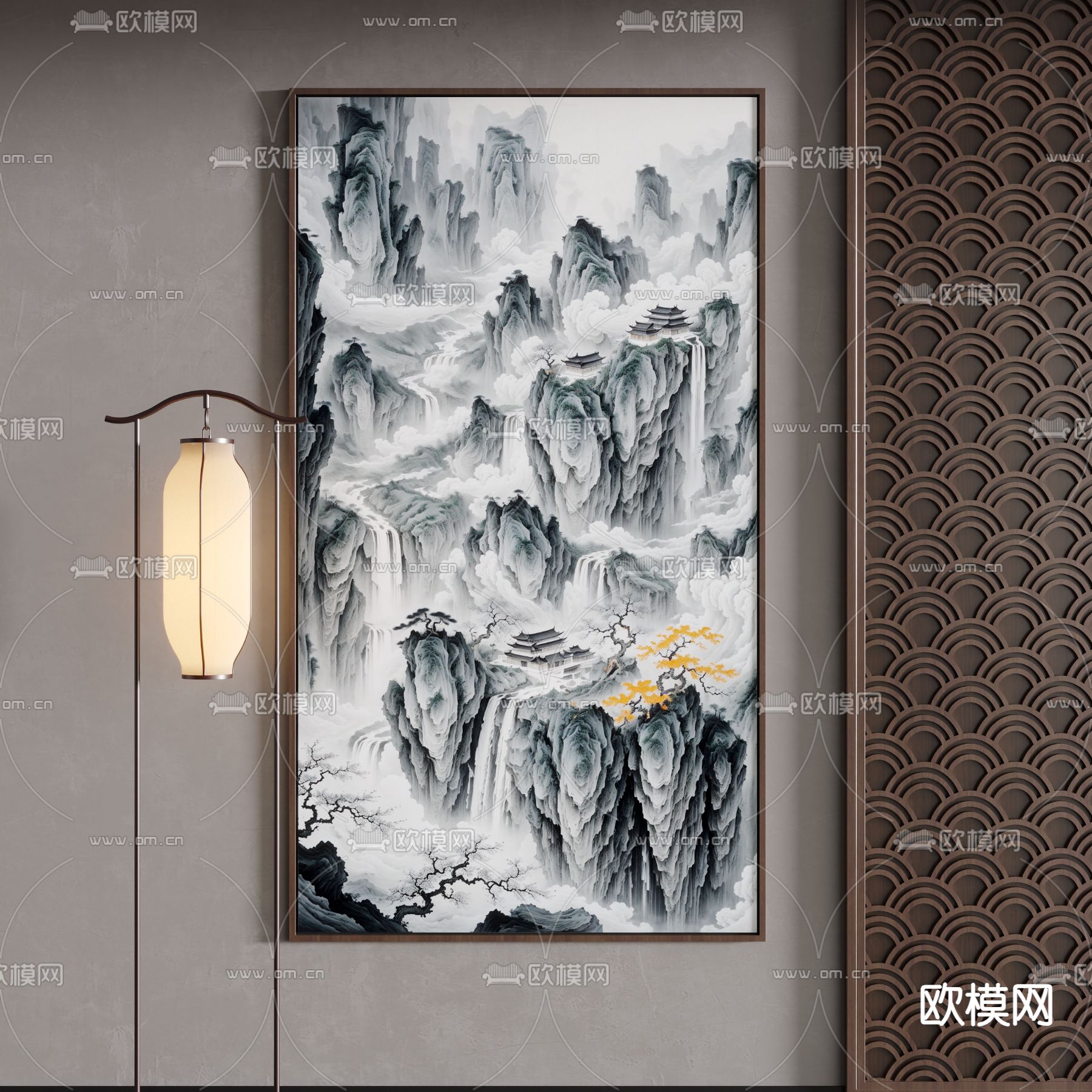 新中式挂画 装饰画  山水画3d模型下载