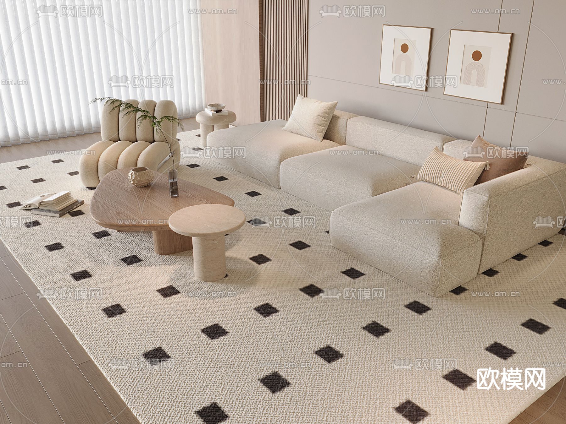 奶油风组合沙发3d模型下载