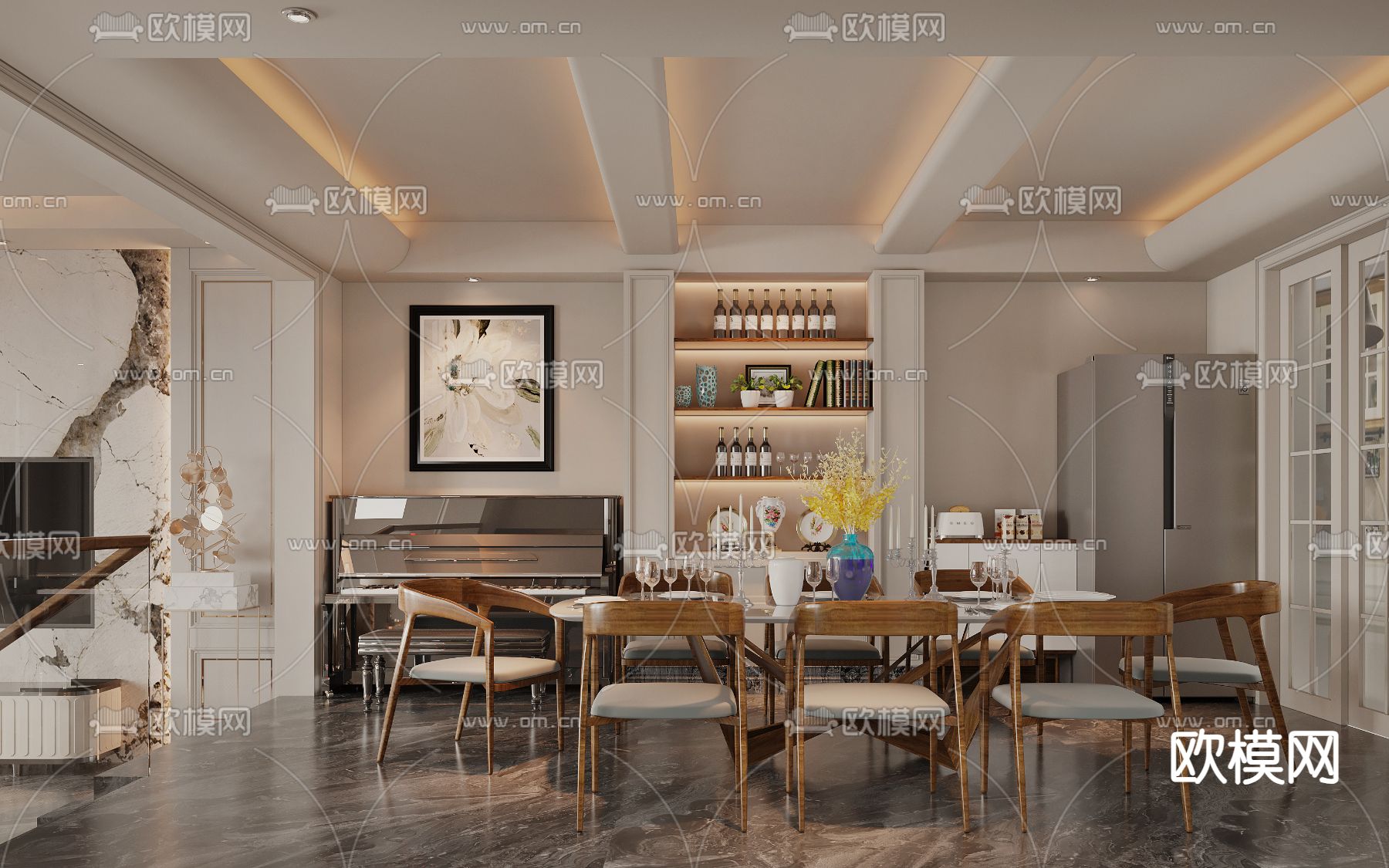 简欧客餐厅 大理石餐桌3d模型下载（渲染图2）