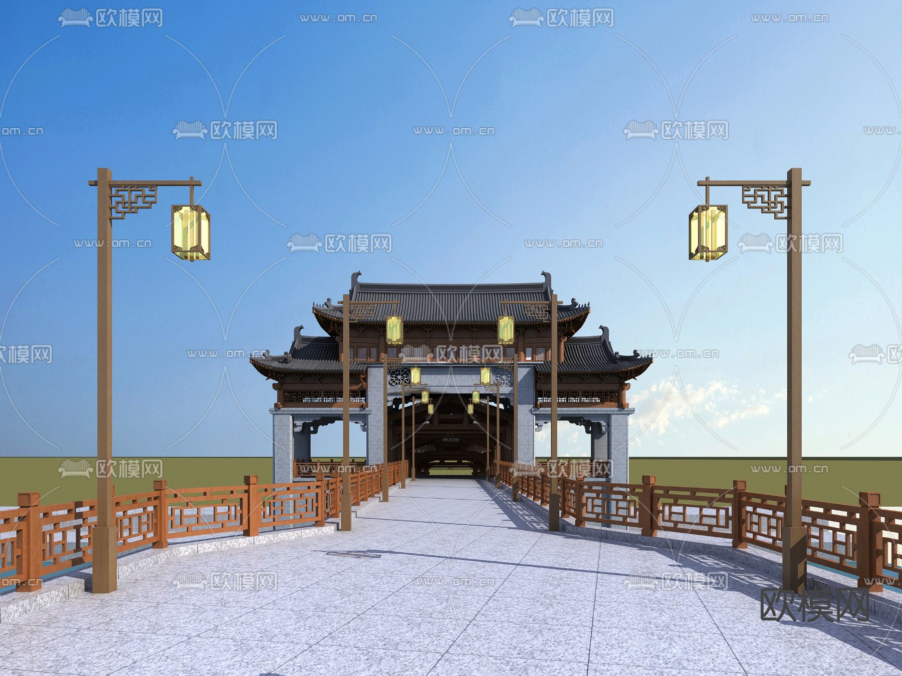 中式 古建 桥 连廊 大桥 栈道3d模型下载（渲染图1）