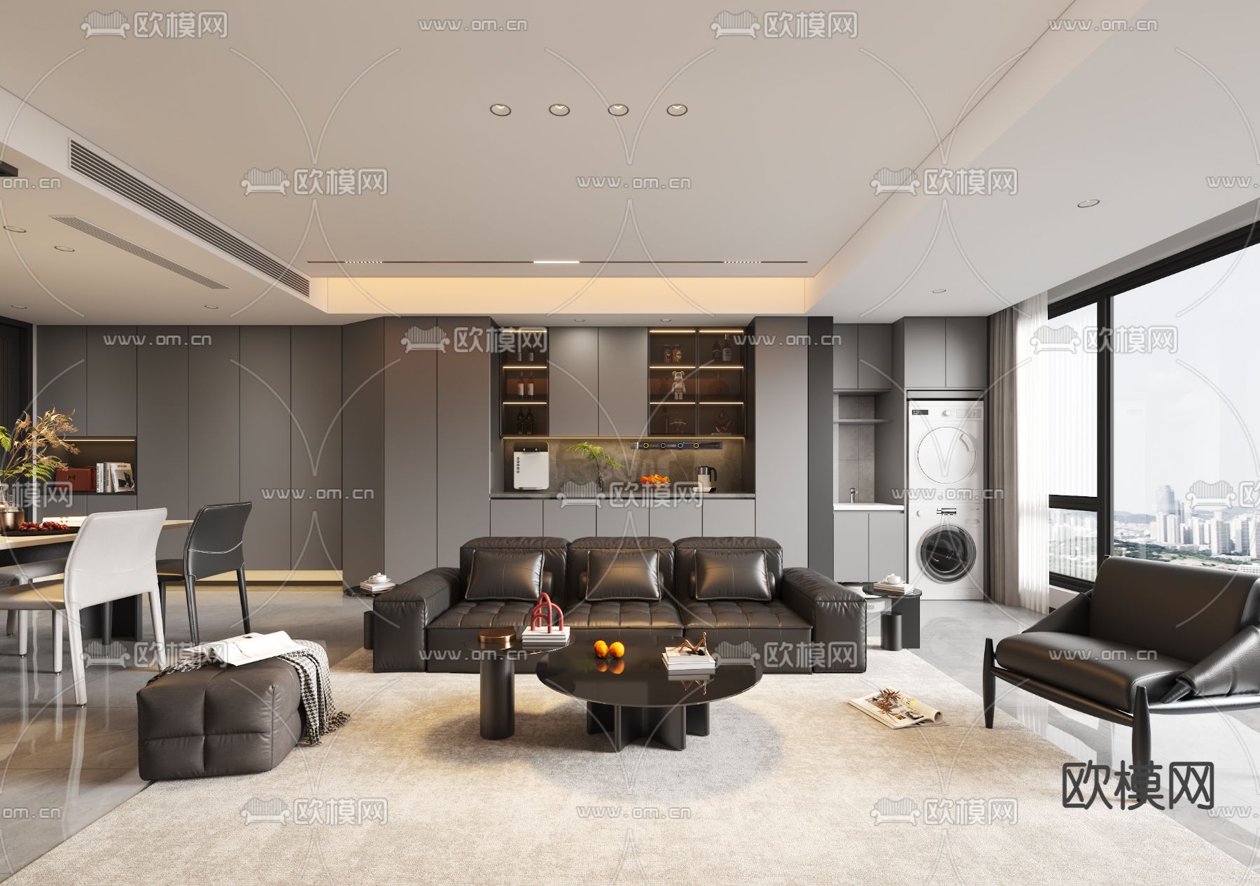 高级灰客餐厅3d模型下载（渲染图1）