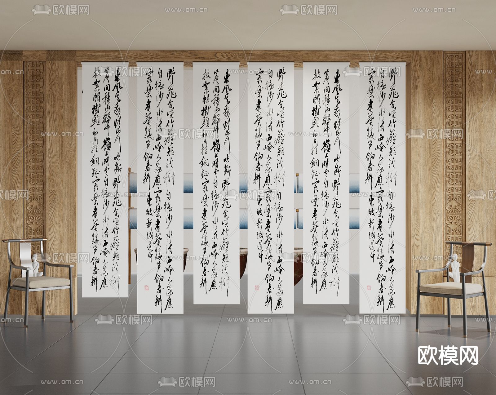 新中式门帘 书法布帘 隔断帘3d模型下载