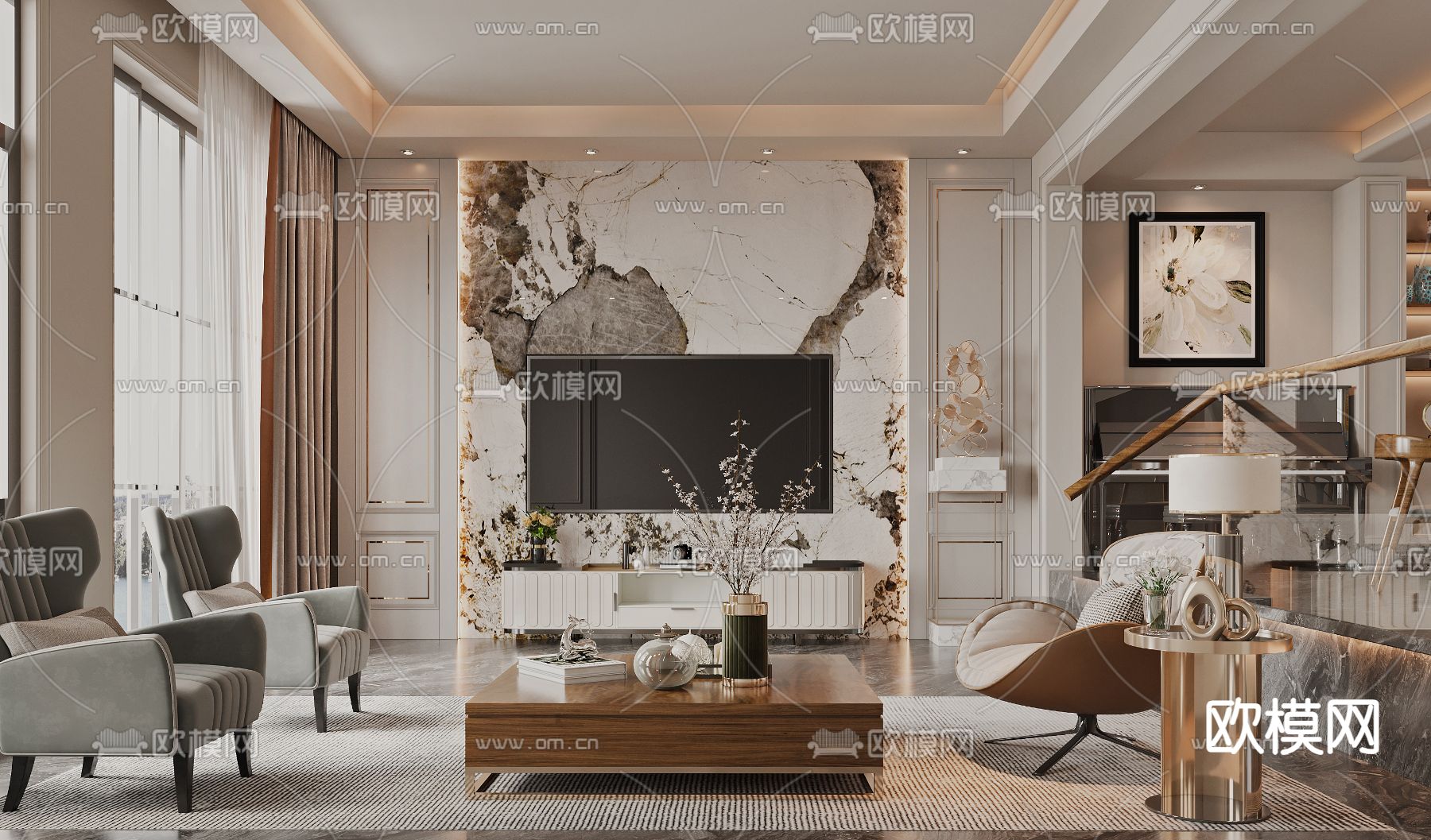 简欧客餐厅 大理石餐桌3d模型下载（渲染图1）