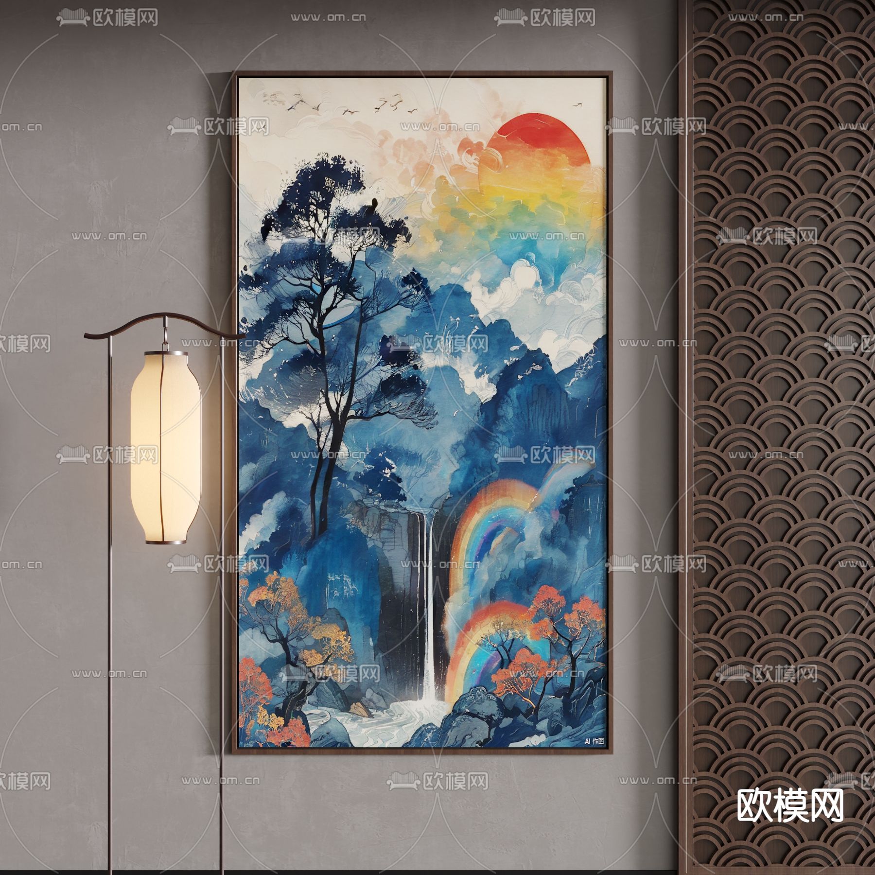 新中式挂画 装饰画 山水画3d模型下载