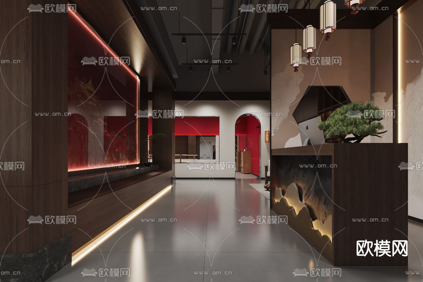 新中式公司前台3d模型下载（渲染图1）