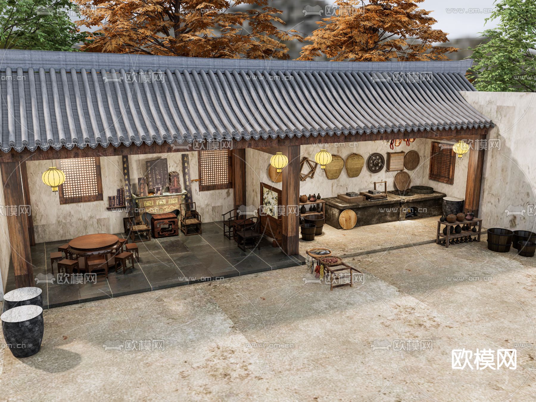 新中式祠堂su模型下载（渲染图2）