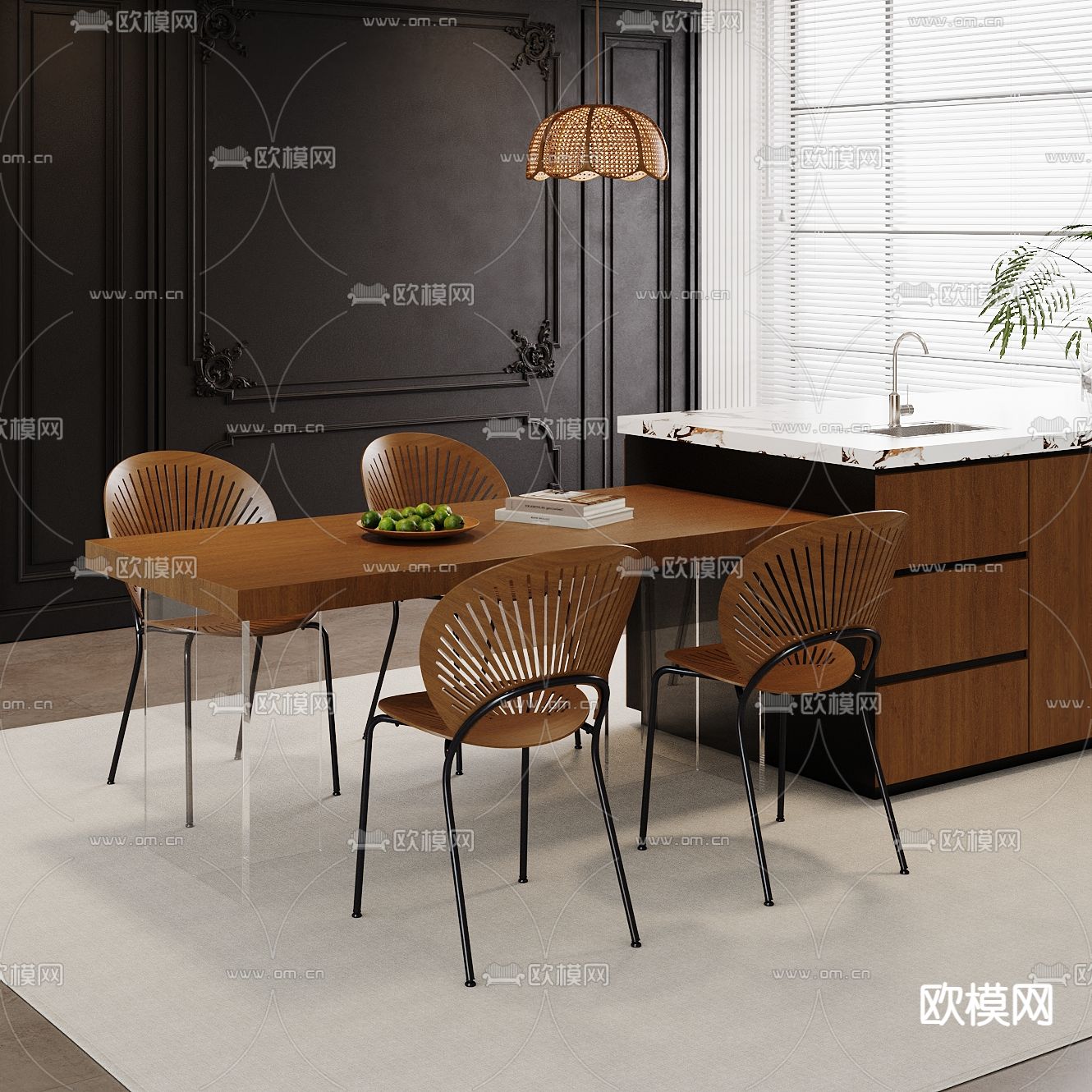 中古风餐桌椅 中岛餐桌3d模型下载