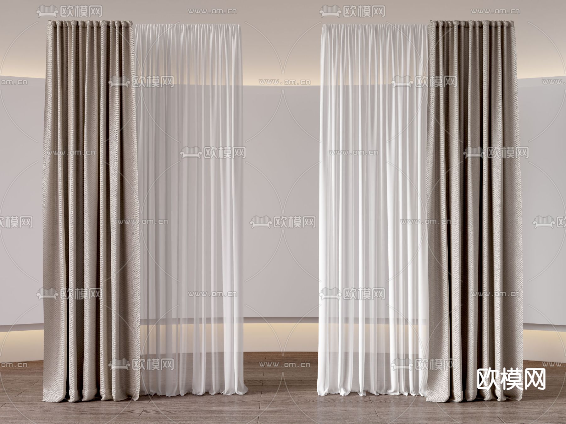 奶油风窗帘 布帘 纱帘su模型下载（渲染图2）