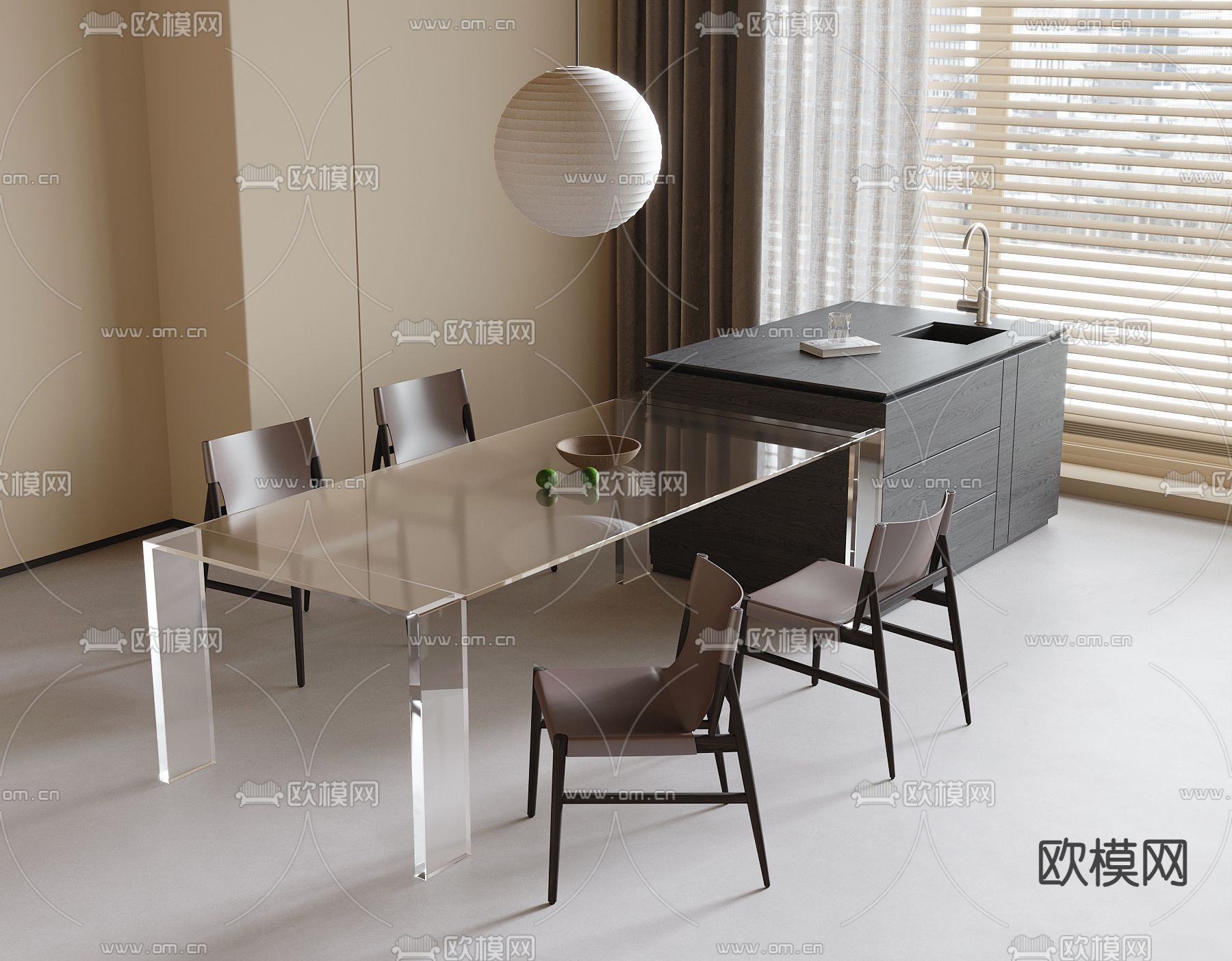 岛台餐桌椅 玻璃餐桌3d模型下载