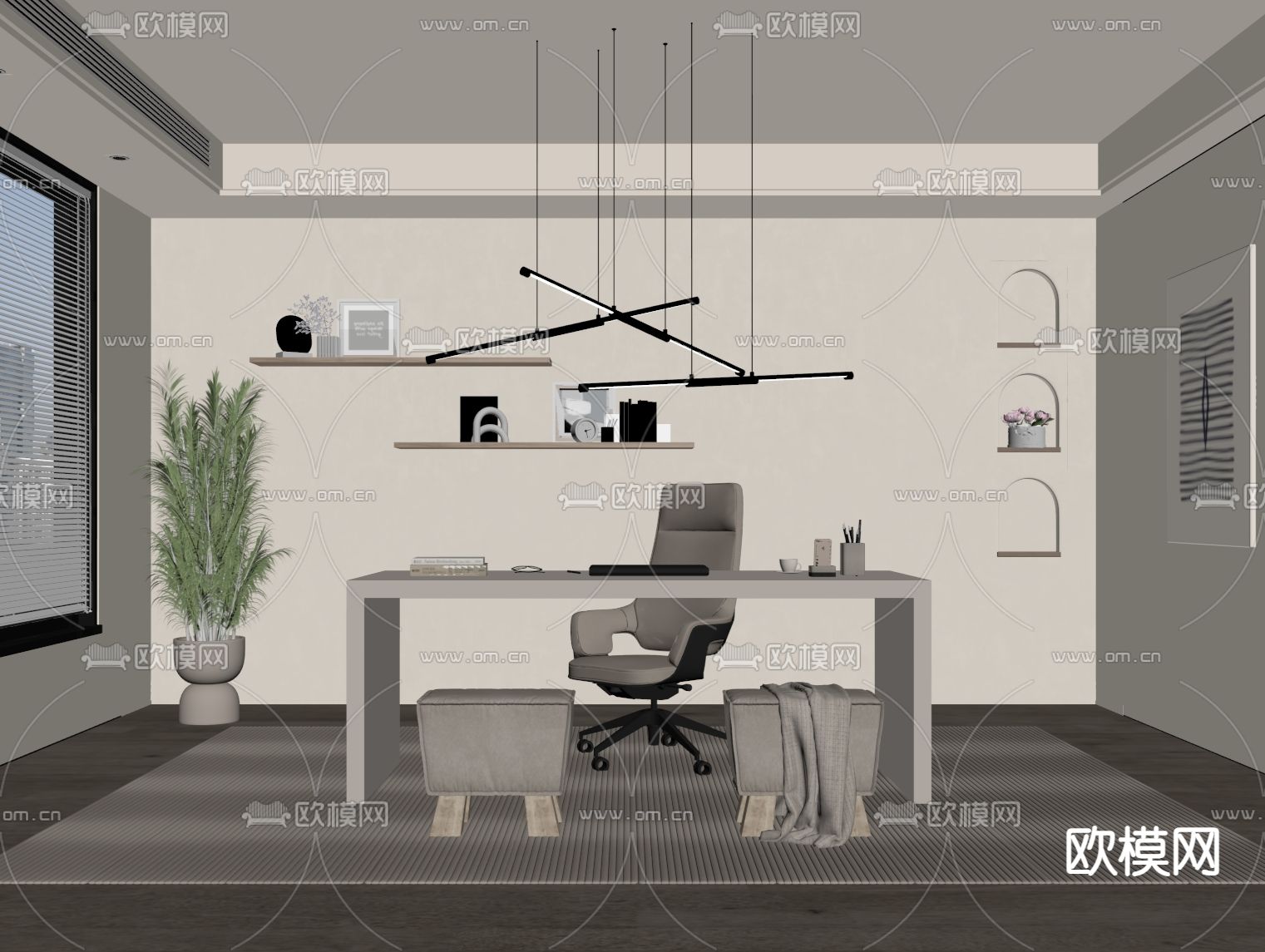 奶油风书房su模型下载（渲染图1）