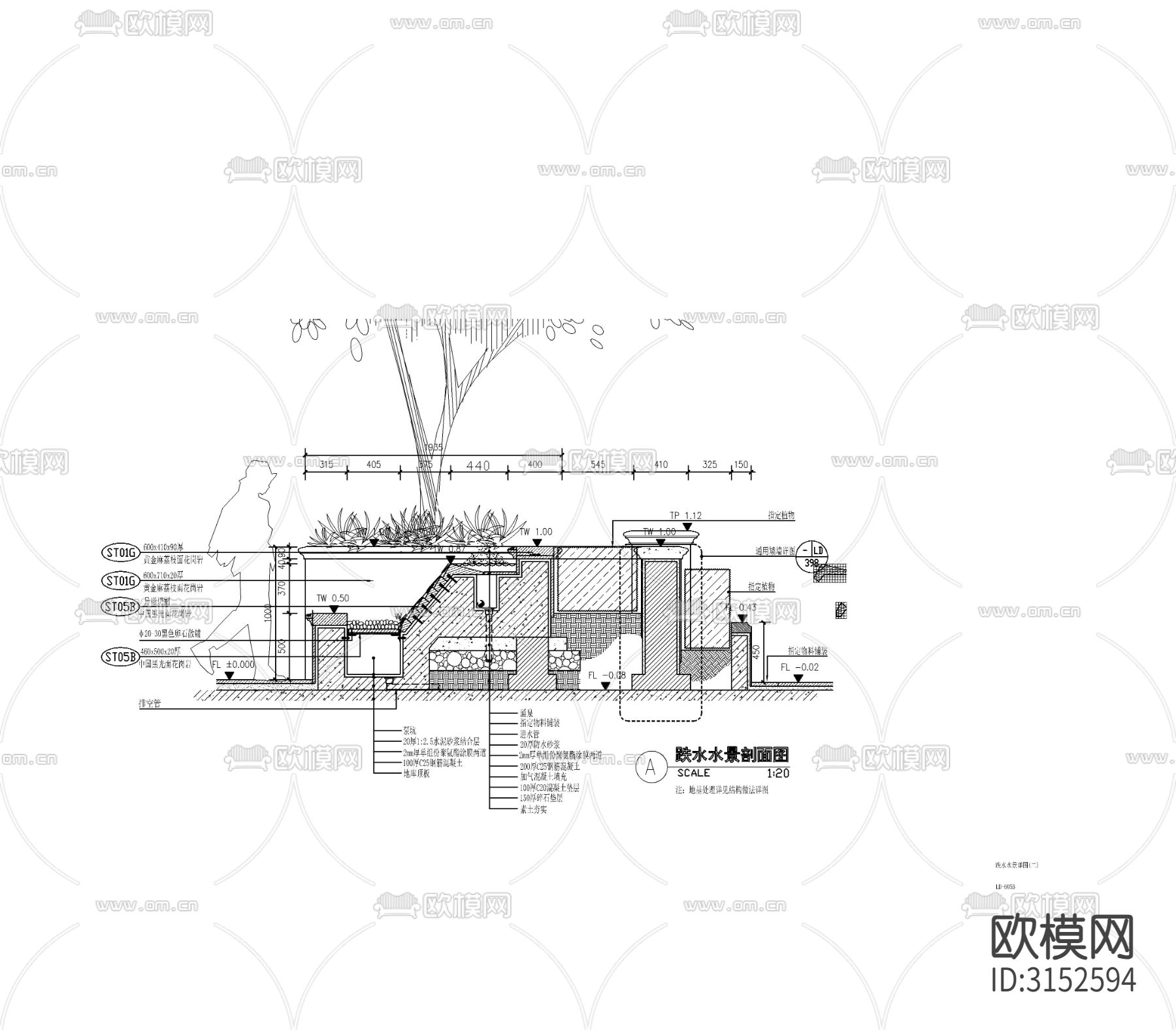 现代跌水水景cad大样图下载（渲染图1）