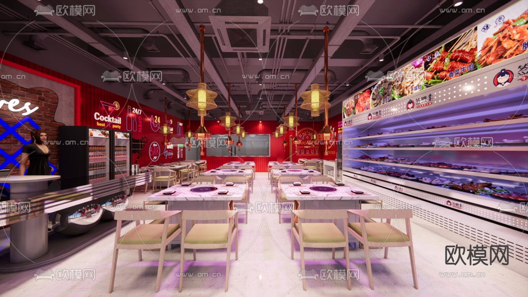 网红火锅店su模型下载（渲染图2）