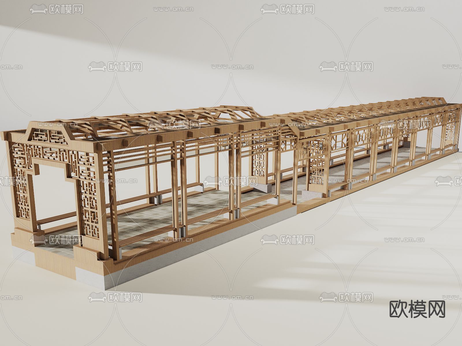 中式仿古长廊 廊架3d模型下载