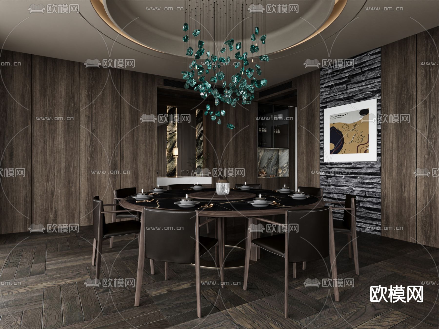 中古风包厢 圆餐桌su模型下载（渲染图1）