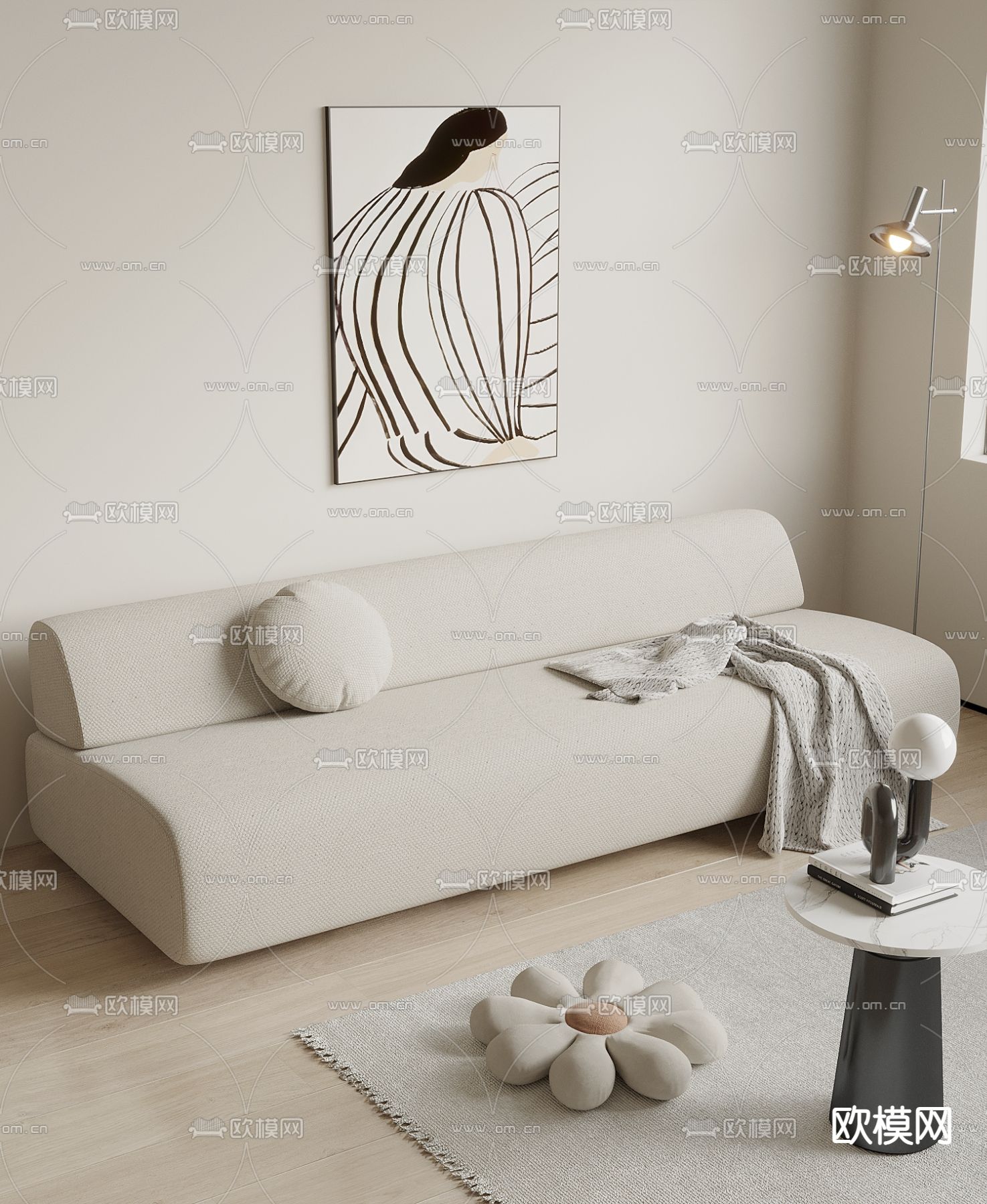 奶油风沙发 多人沙发3d模型下载