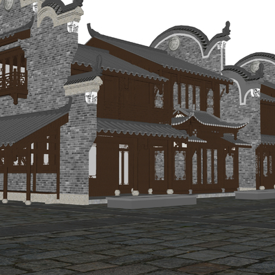  现代古代建筑 古街道su模型 