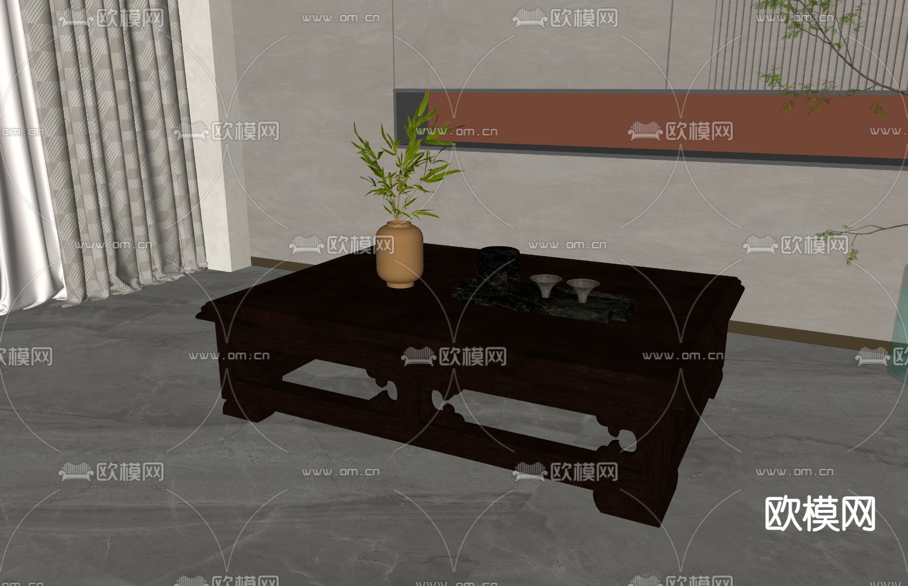 新中式茶几su模型下载（渲染图1）