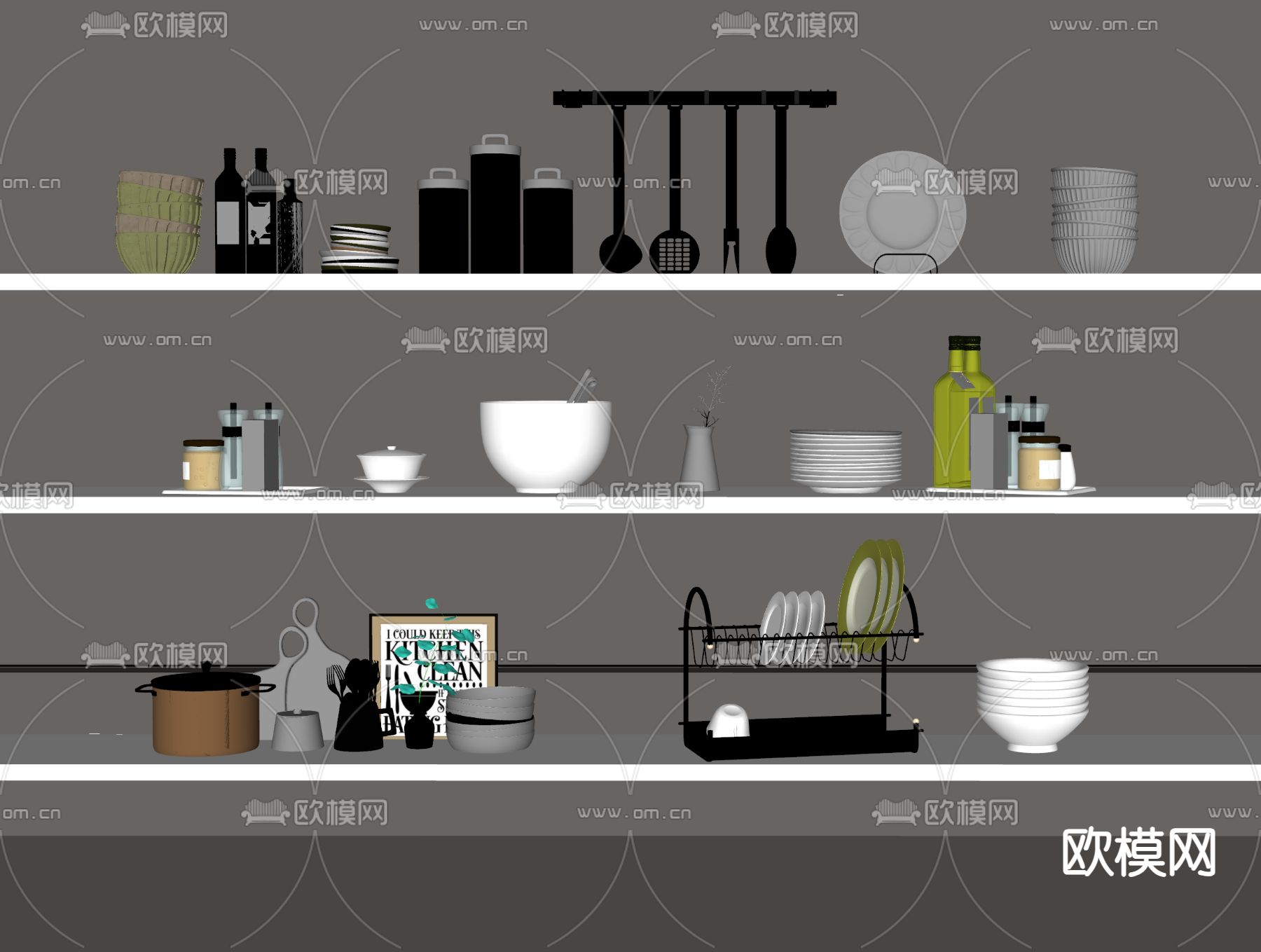 现代厨房餐具 调料瓶 锅碗瓢盆su模型下载（渲染图1）