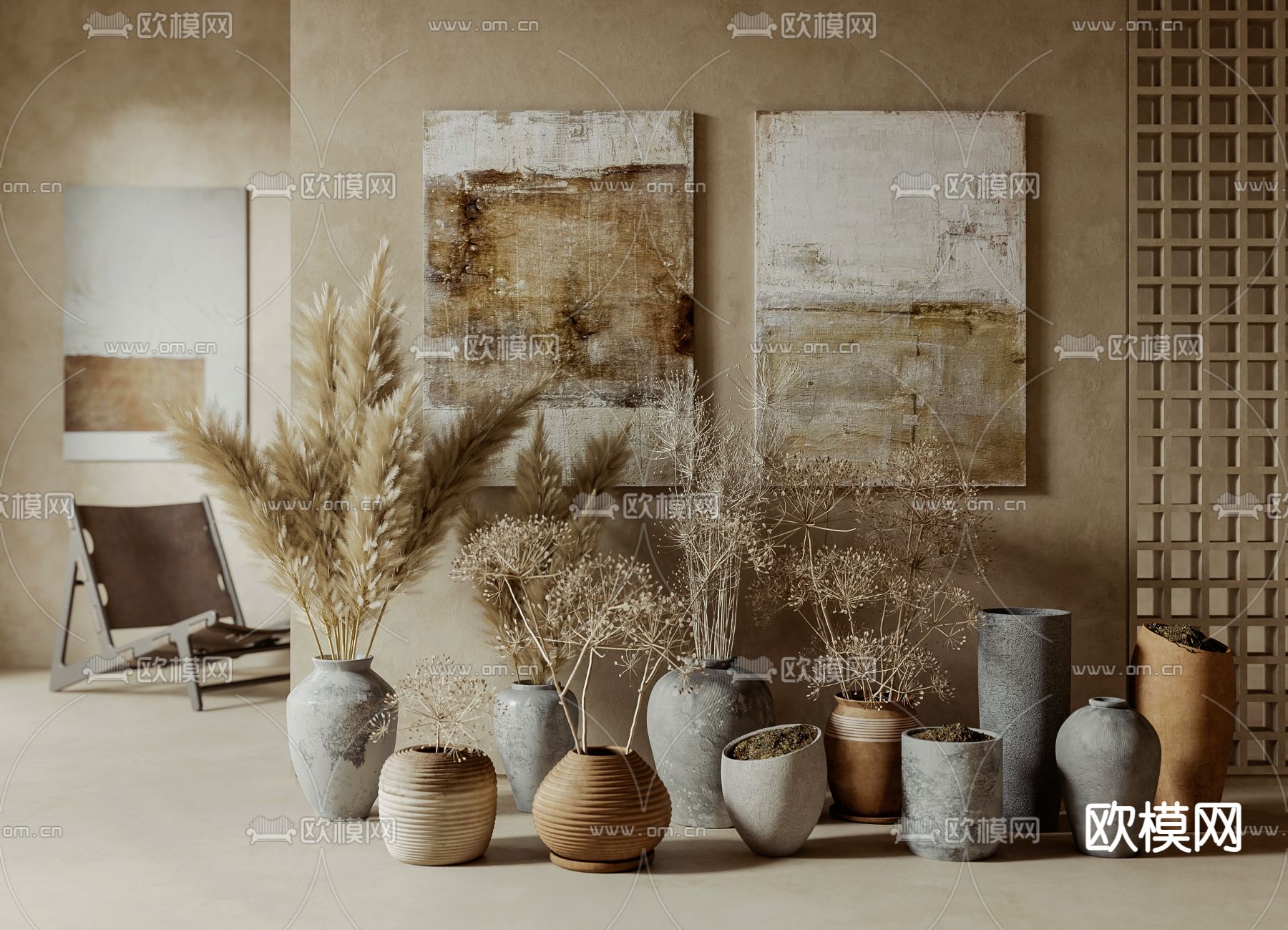 侘寂风干支 陶罐 花瓶摆件su模型下载（渲染图2）