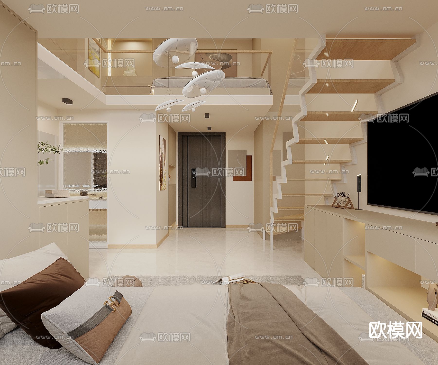 奶油风loft公寓3d模型下载（渲染图2）