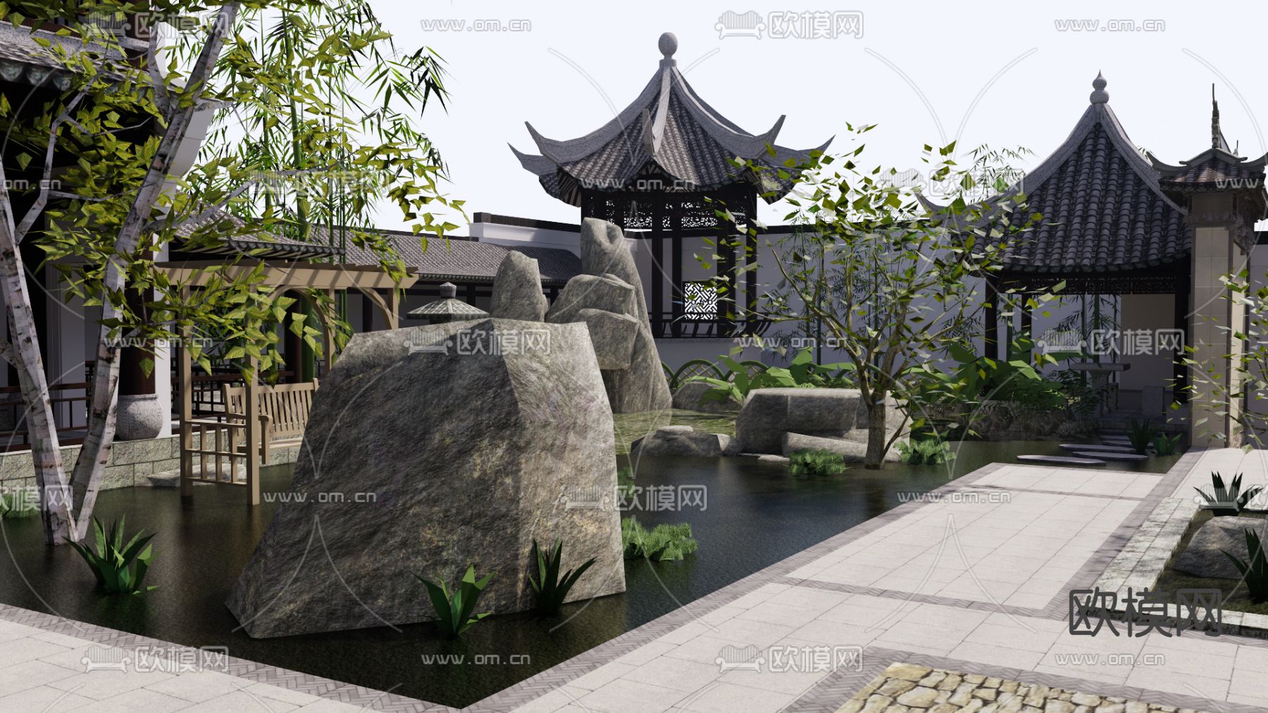 中式庭院 花园su模型下载（渲染图1）