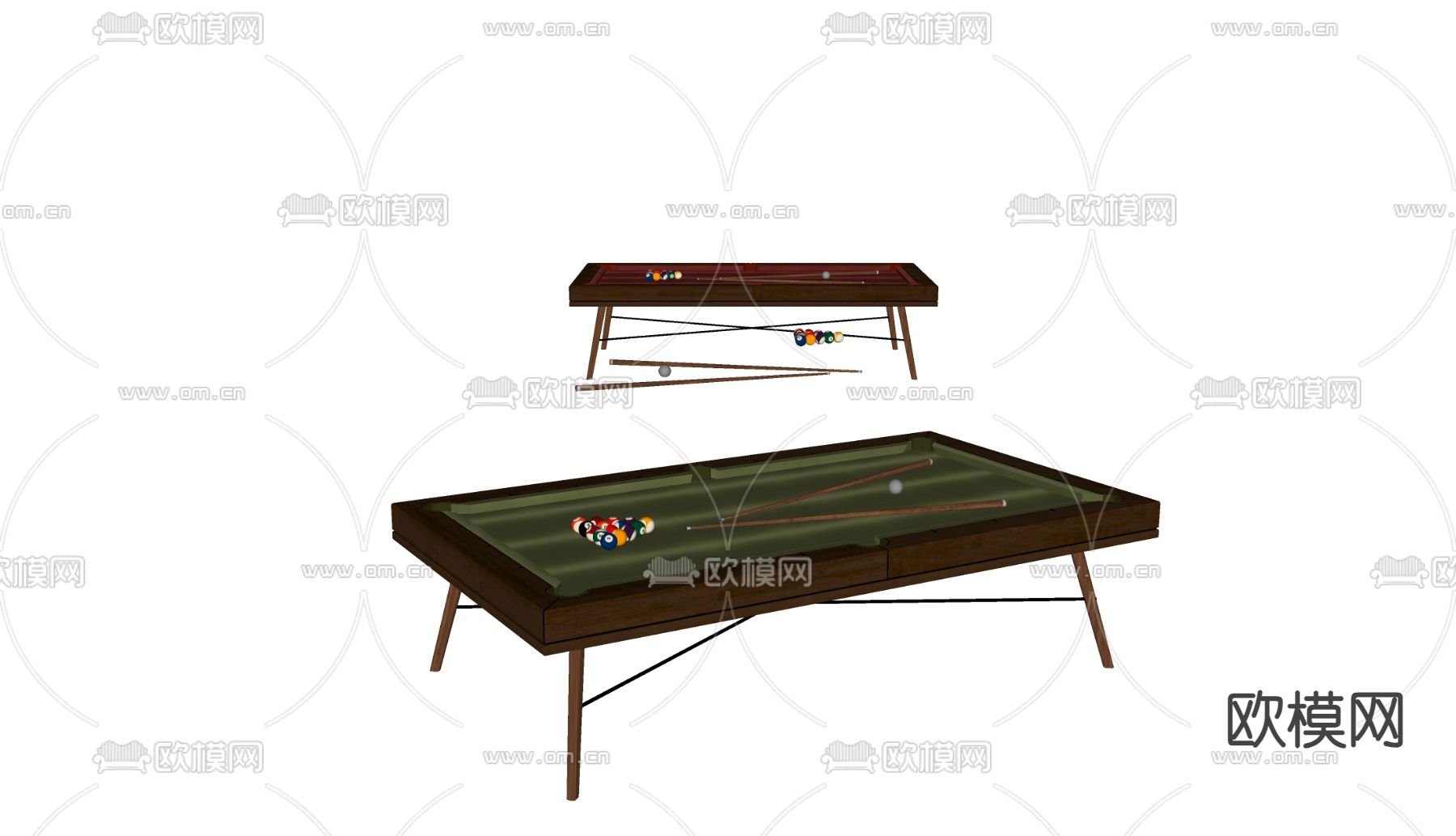 现代台球桌 台球 台球杆su模型下载（渲染图2）