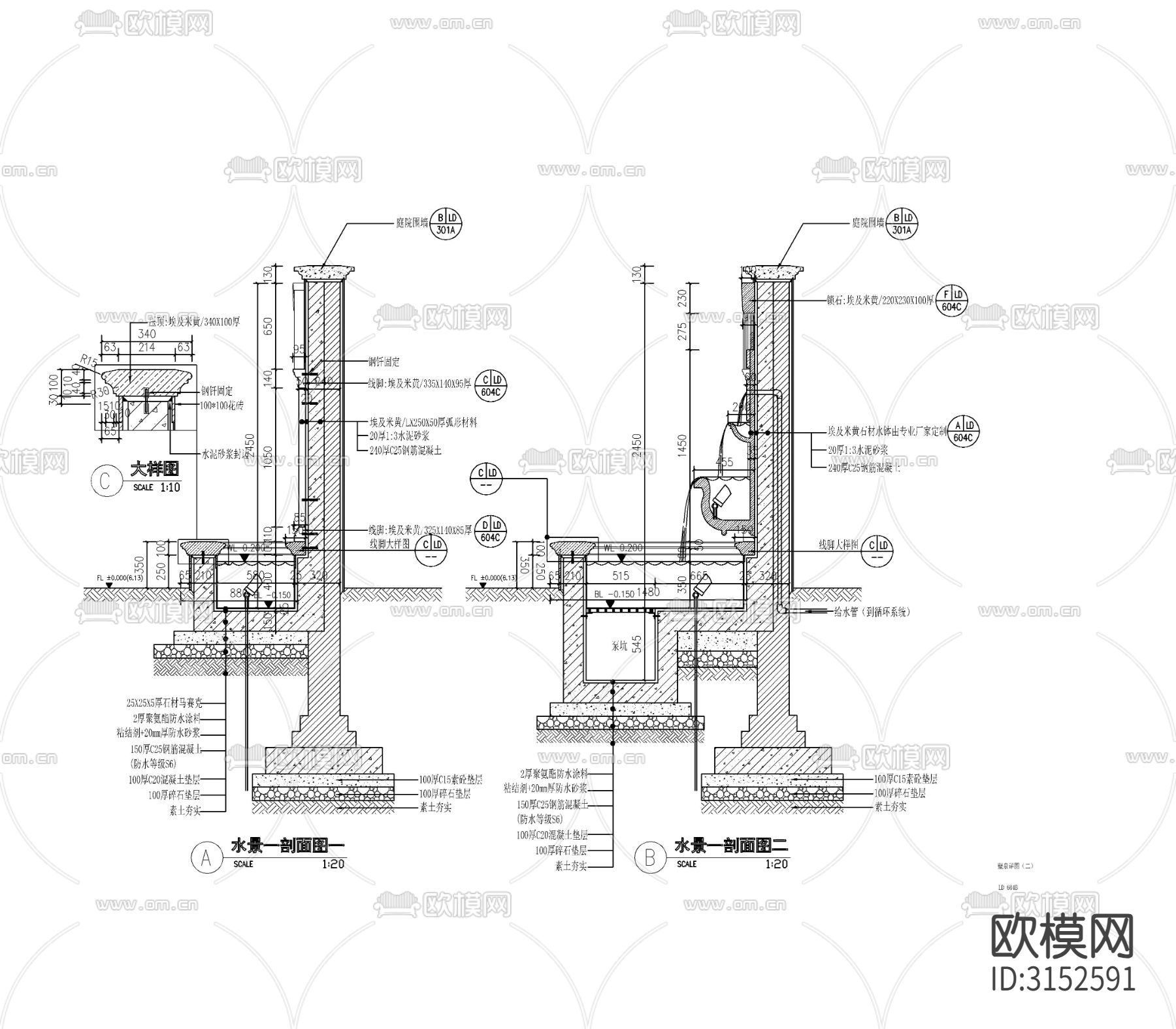 欧式流水景墙水景cad大样图下载（渲染图2）