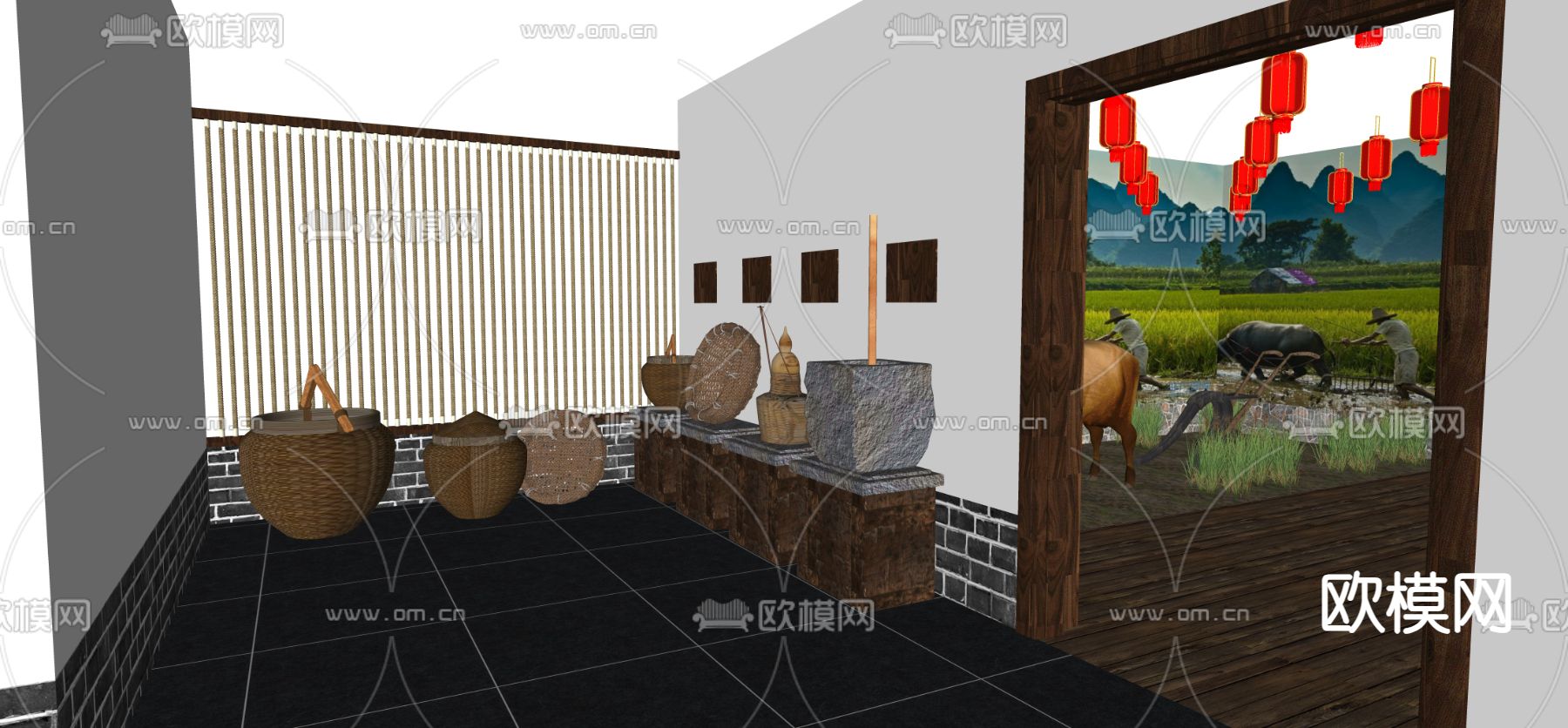 新中式农业展览馆展厅su模型下载