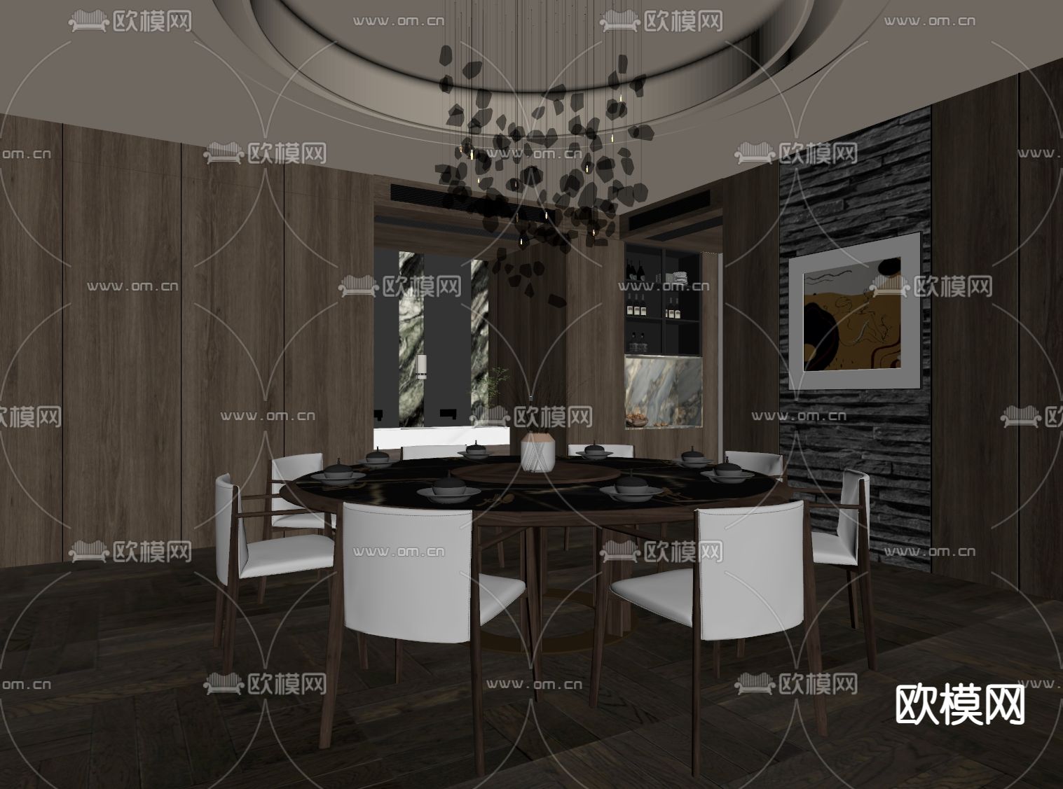 中古风包厢 圆餐桌su模型下载（渲染图2）