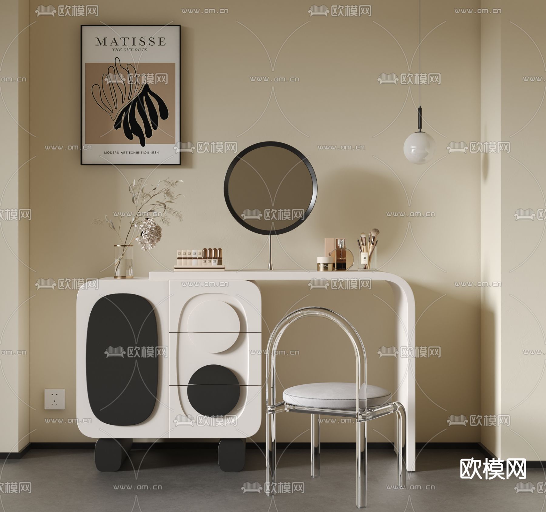 奶油风梳妆台 化妆桌3d模型下载