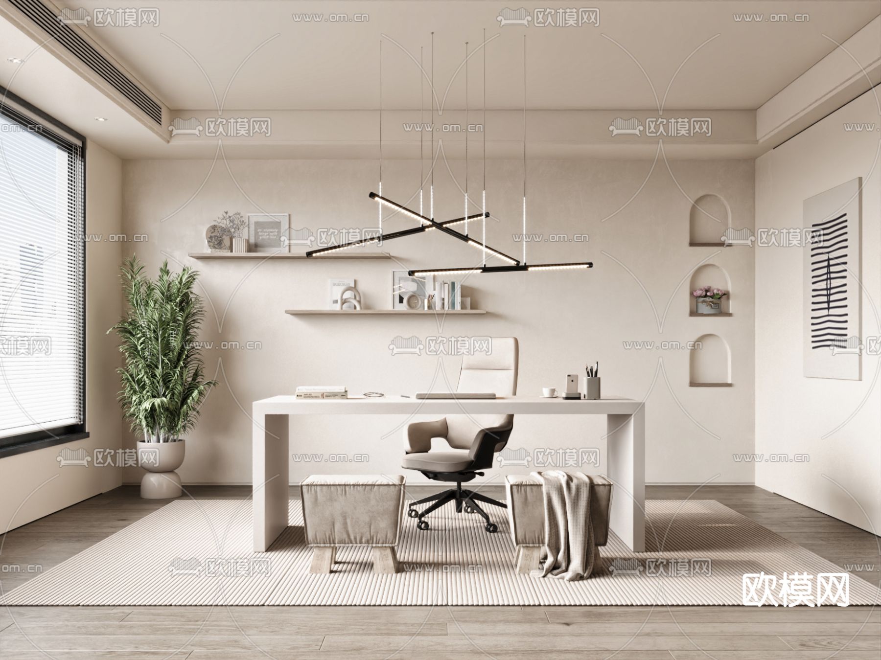 奶油风书房su模型下载（渲染图2）