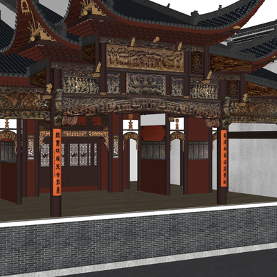  现代古剑祖 古街道古庙su模型 