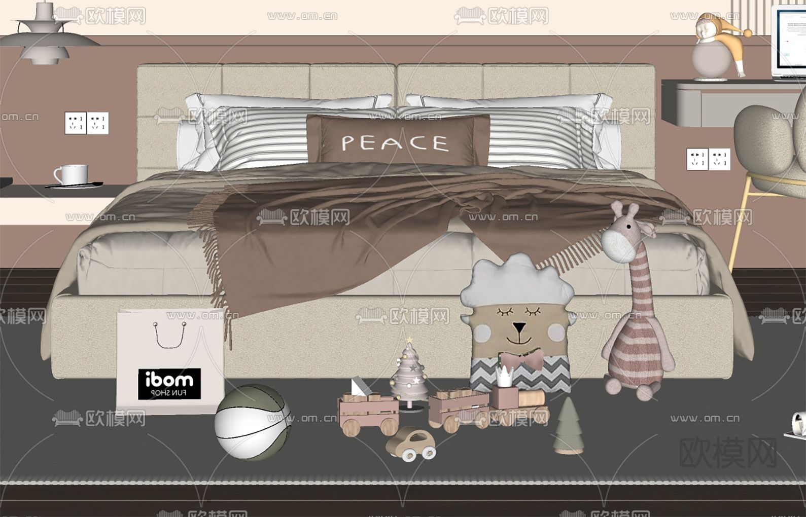现代儿童床su模型下载（渲染图1）