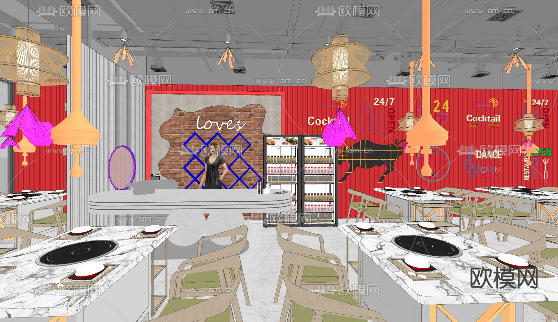 网红火锅店su模型下载（渲染图3）